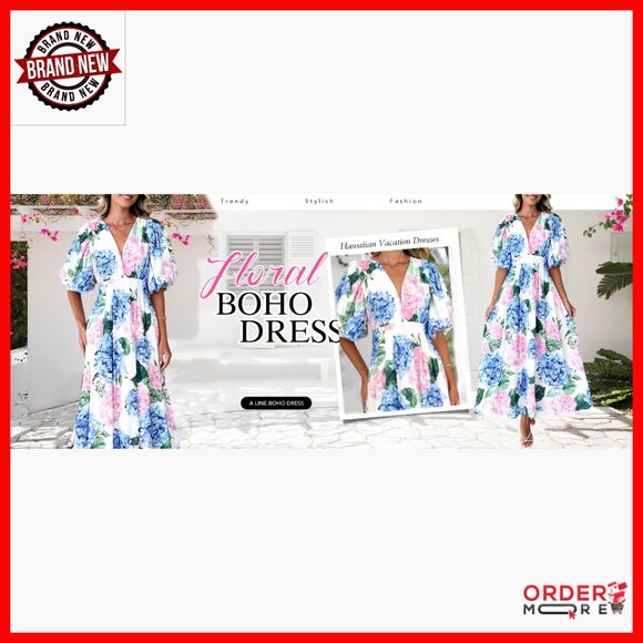 Floral Maxi Dress Wedding Guest Summer V-Neck Short Sleeve A-Line - Picture 7 of 7